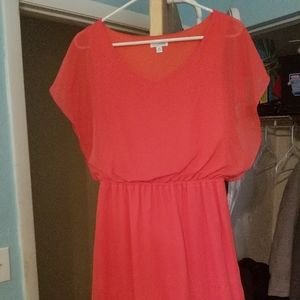 Medium, pink, blue stitching dress.